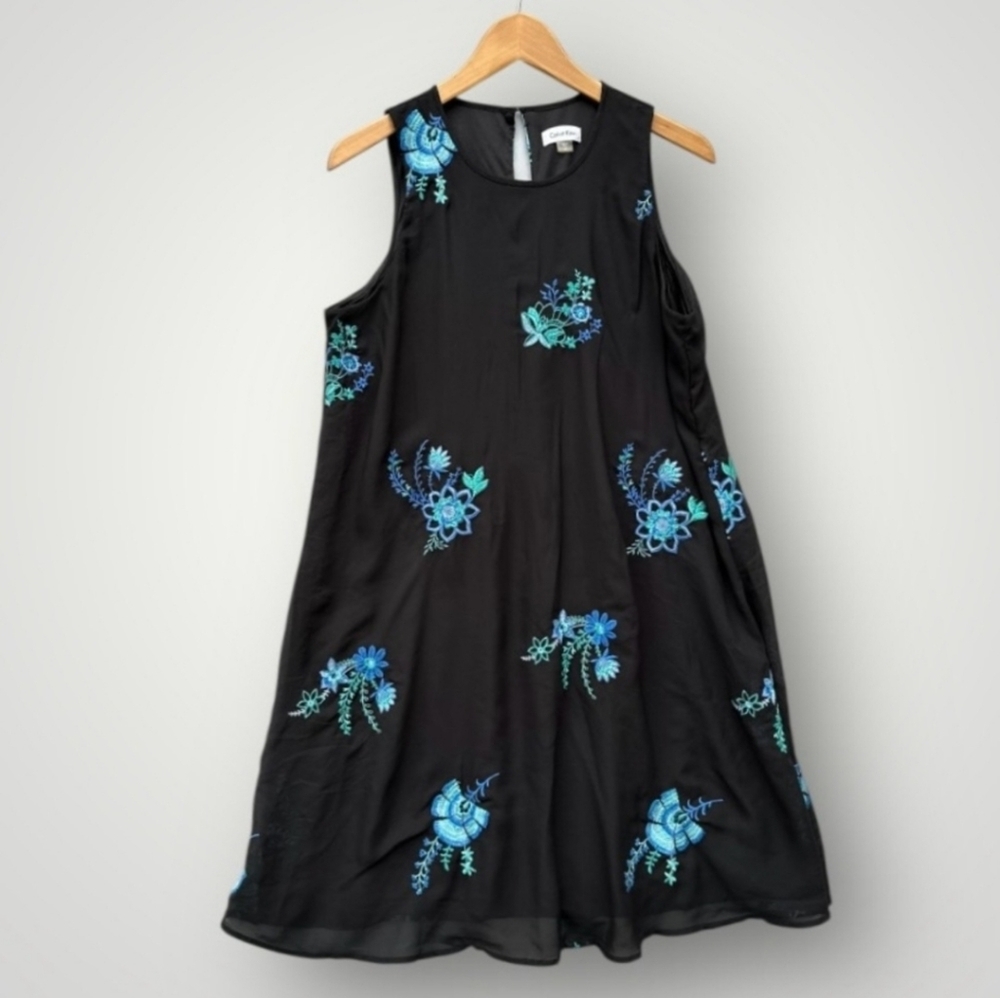 Calvin Klein Black Dress with Blue Floral Design